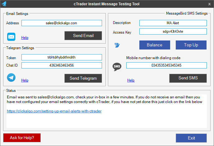 cTrader telegram, email, sms testing tool